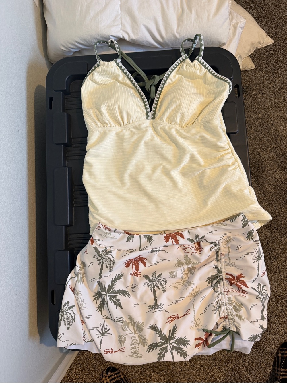 Cream Ribbed Swim Tankini Top with Olive Trim